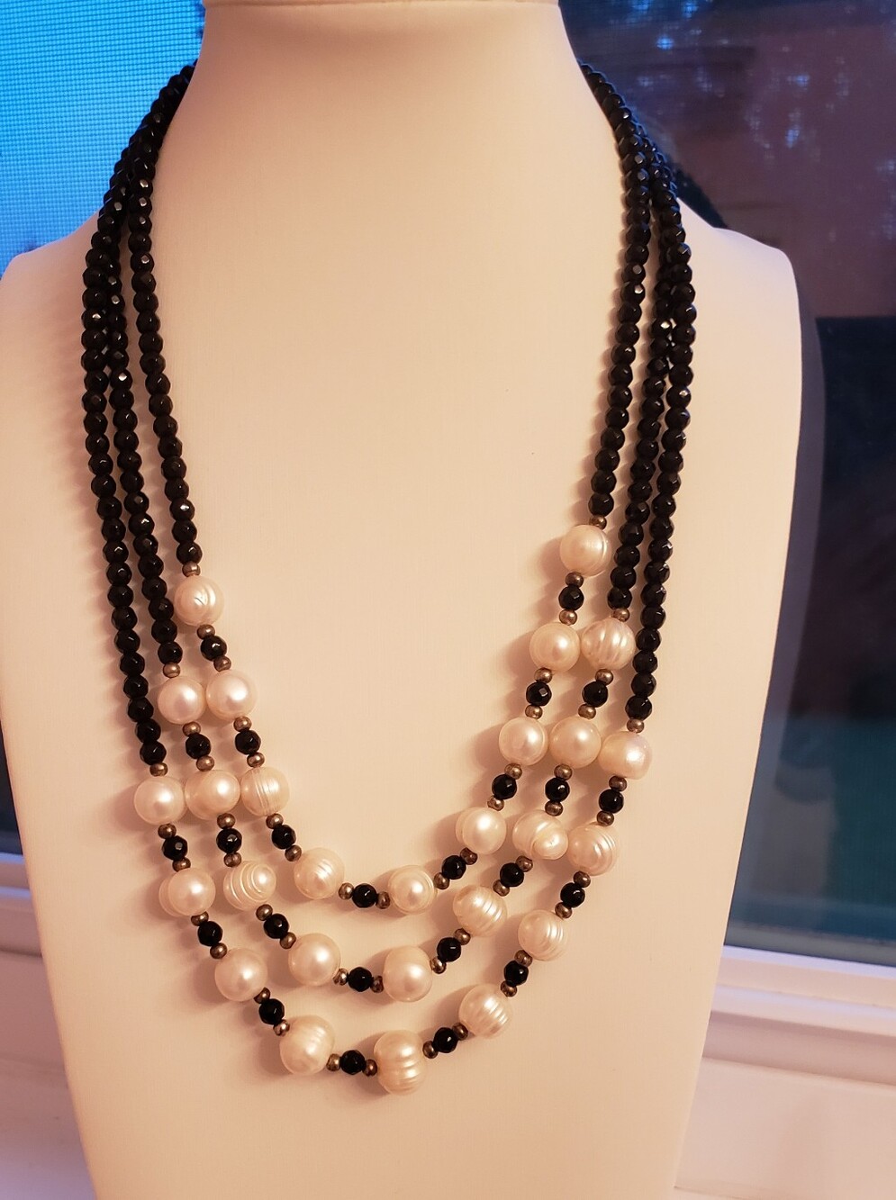 VINTAGE TENG YUE Necklace, Triple-strand, Bib, White Freshwater Pearls & Faceted